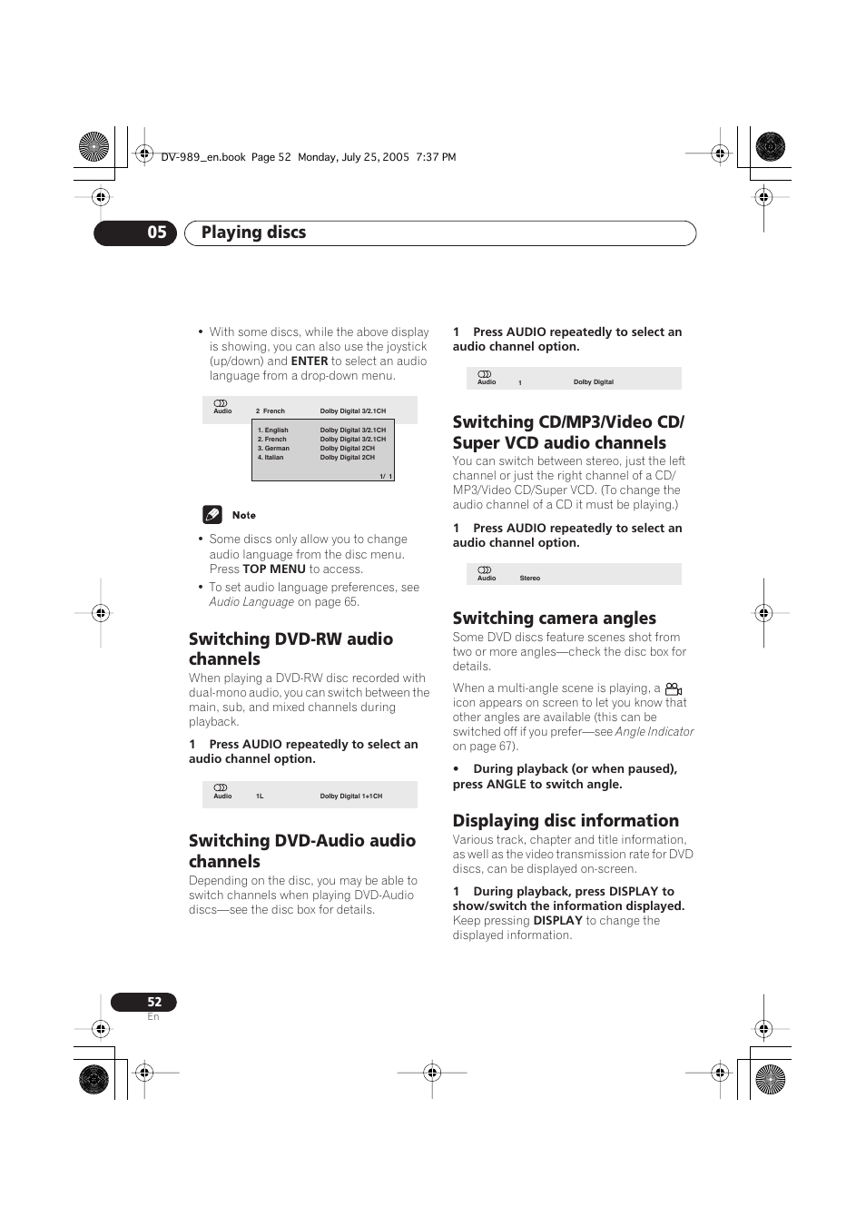 Playing discs 05, Switching dvd-rw audio channels, Switching dvd-audio audio channels | Switching camera angles, Displaying disc information | Pioneer DV-989AVi-S User Manual | Page 52 / 202