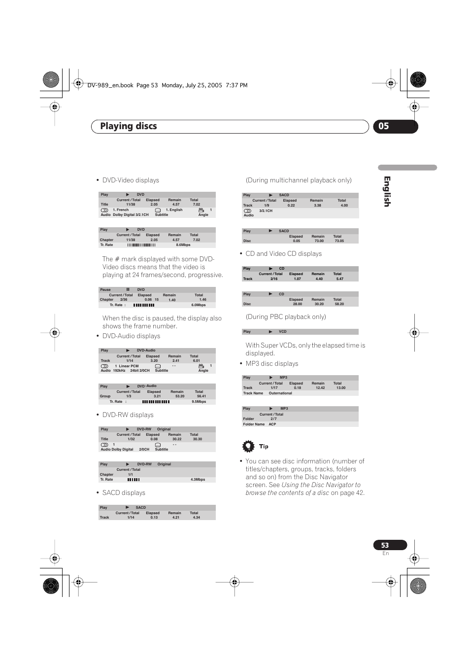 Playing discs 05, English, On page 42 | Pioneer DV-989AVi-S User Manual | Page 53 / 202