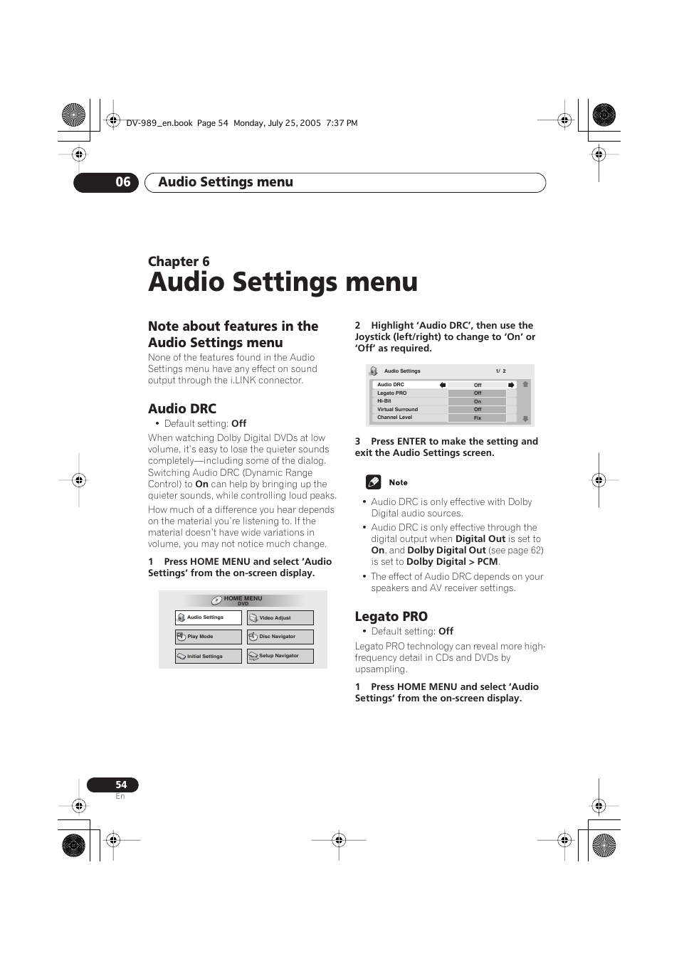 06 audio settings menu, Note about features in the audio settings menu, Audio drc | Legato pro, Audio settings menu, Audio settings menu 06, Chapter 6 | Pioneer DV-989AVi-S User Manual | Page 54 / 202