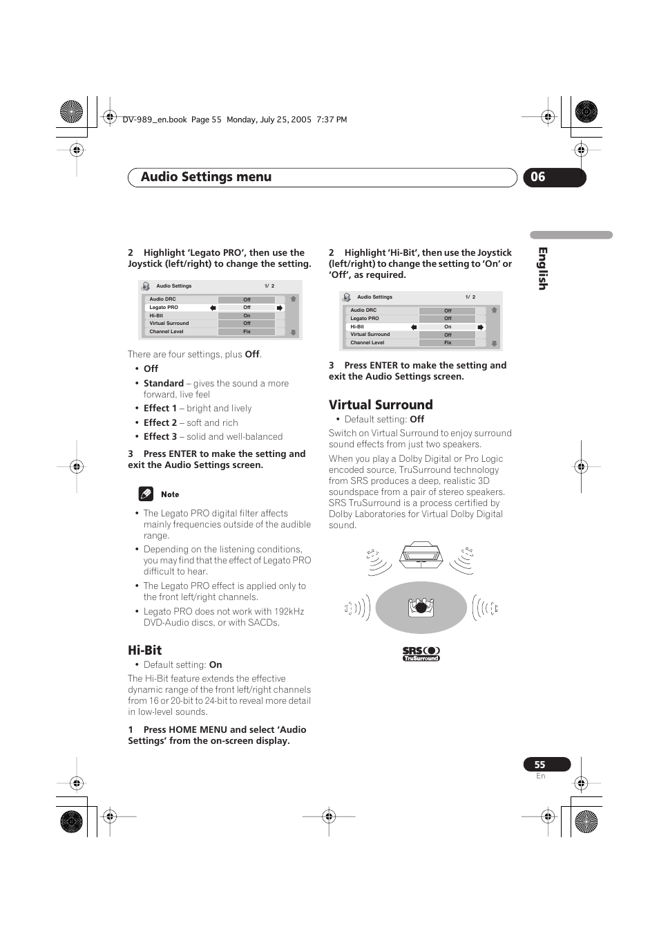 Hi-bit, Virtual surround, Audio settings menu 06 | English | Pioneer DV-989AVi-S User Manual | Page 55 / 202