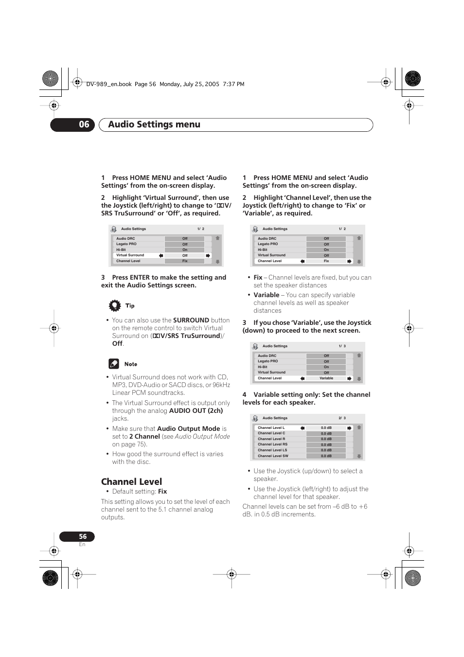 Channel level, Audio settings menu 06 | Pioneer DV-989AVi-S User Manual | Page 56 / 202