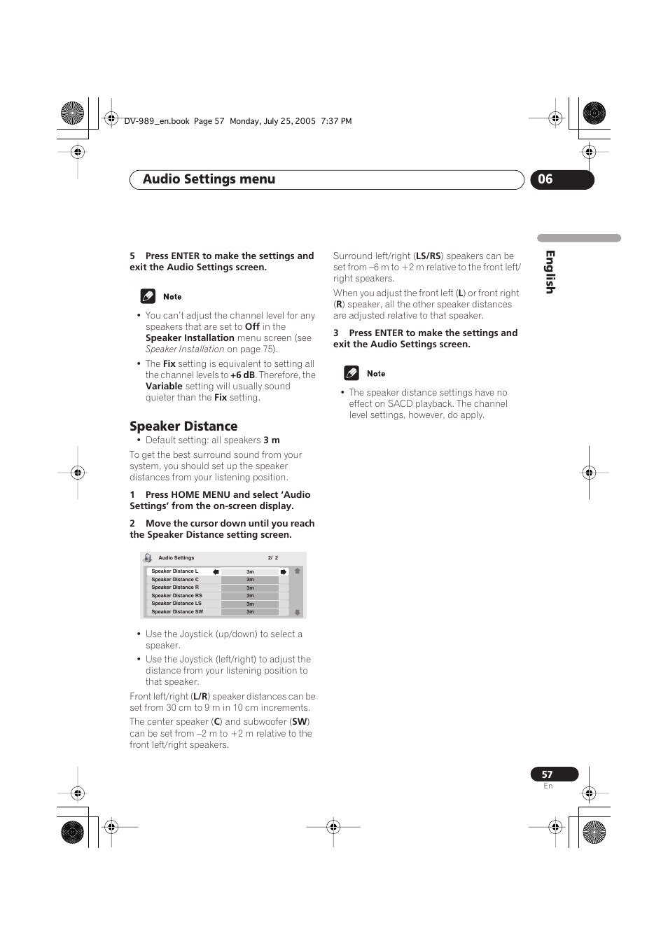 Speaker distance, Audio settings menu 06 | Pioneer DV-989AVi-S User Manual | Page 57 / 202