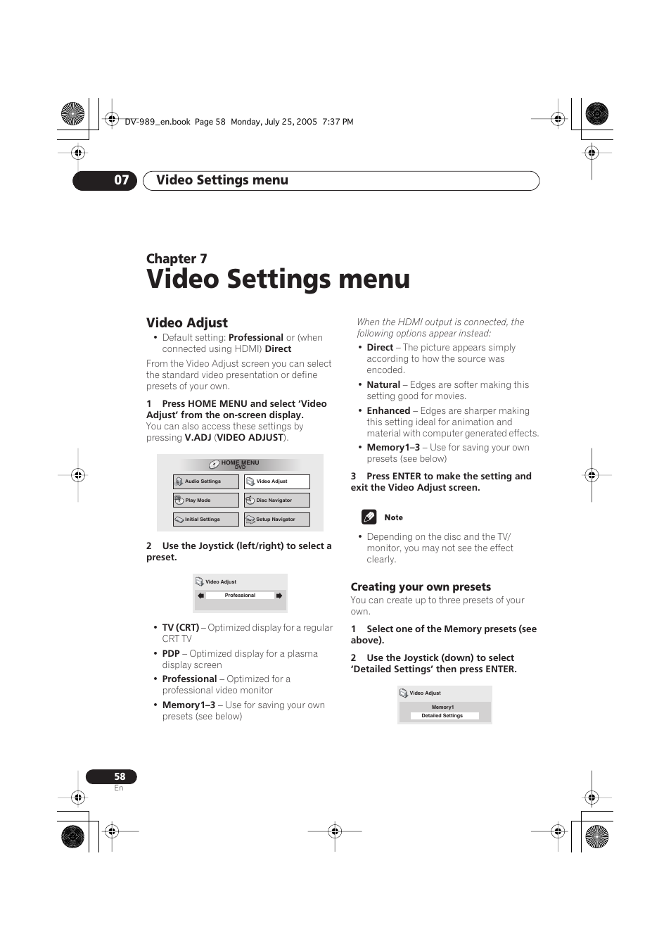 07 video settings menu, Video adjust, Creating your own presets | Video settings menu, Video settings menu 07, Chapter 7 | Pioneer DV-989AVi-S User Manual | Page 58 / 202