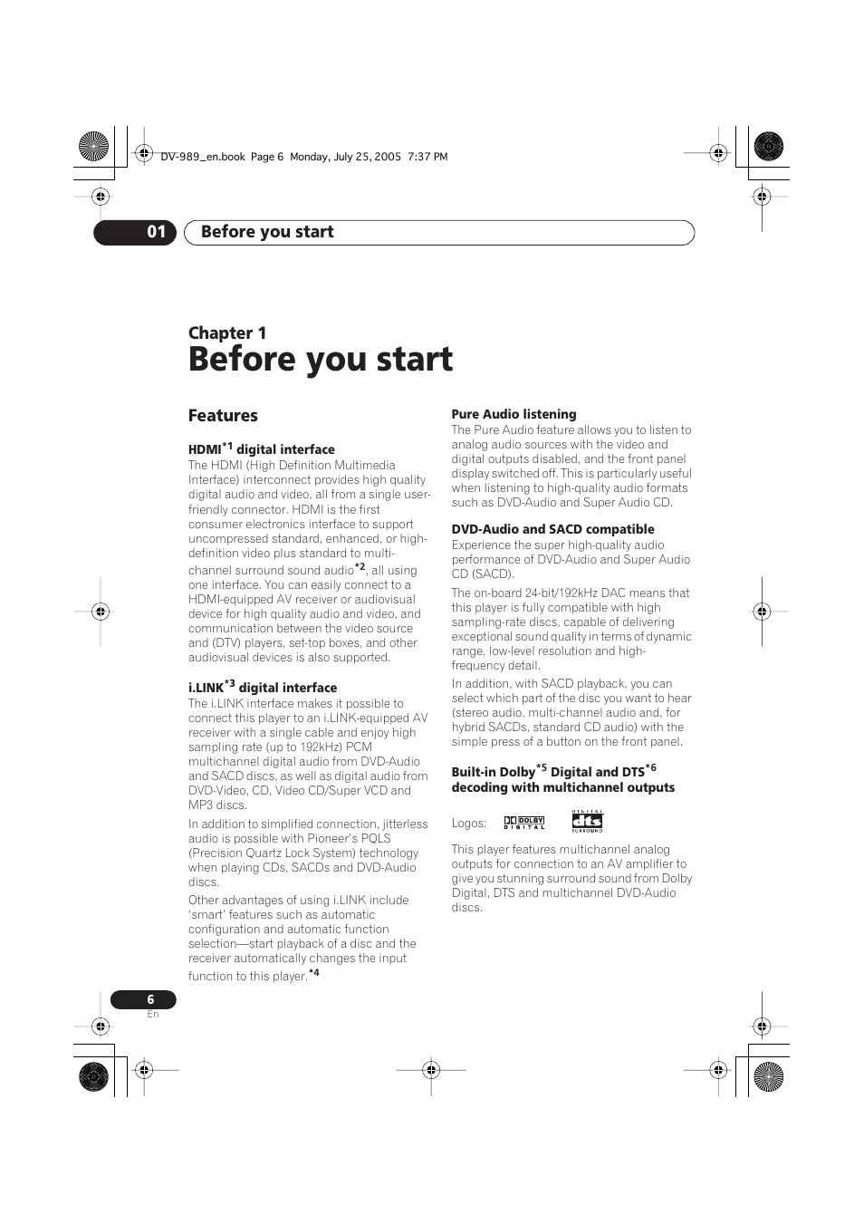 Before you start, Before you start 01, Chapter 1 | Features | Pioneer DV-989AVi-S User Manual | Page 6 / 202