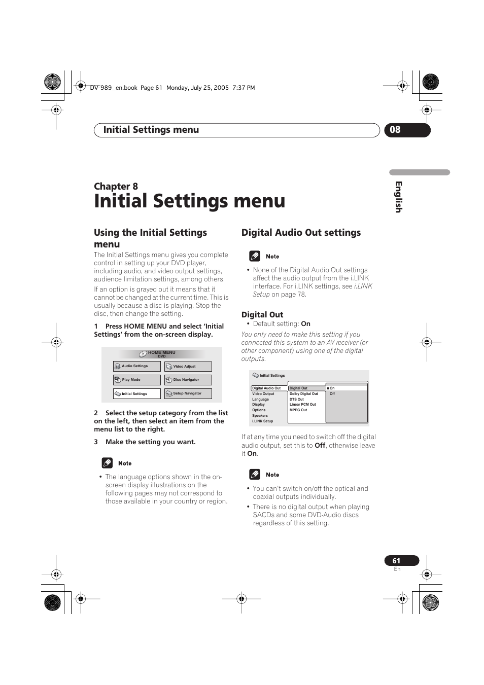 08 initial settings menu, Using the initial settings menu, Digital audio out settings | Digital out, Initial settings menu, Initial settings menu 08, Chapter 8 | Pioneer DV-989AVi-S User Manual | Page 61 / 202