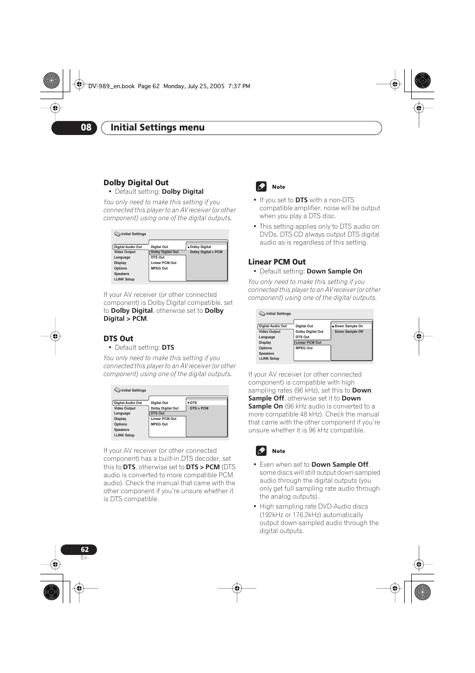 Dolby digital out, Dts out, Linear pcm out | Initial settings menu 08 | Pioneer DV-989AVi-S User Manual | Page 62 / 202
