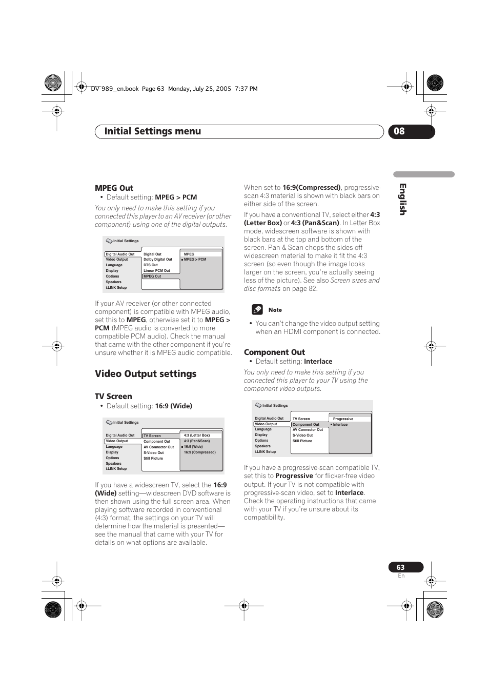 Mpeg out, Video output settings, Tv screen | Component out, Initial settings menu 08, English | Pioneer DV-989AVi-S User Manual | Page 63 / 202