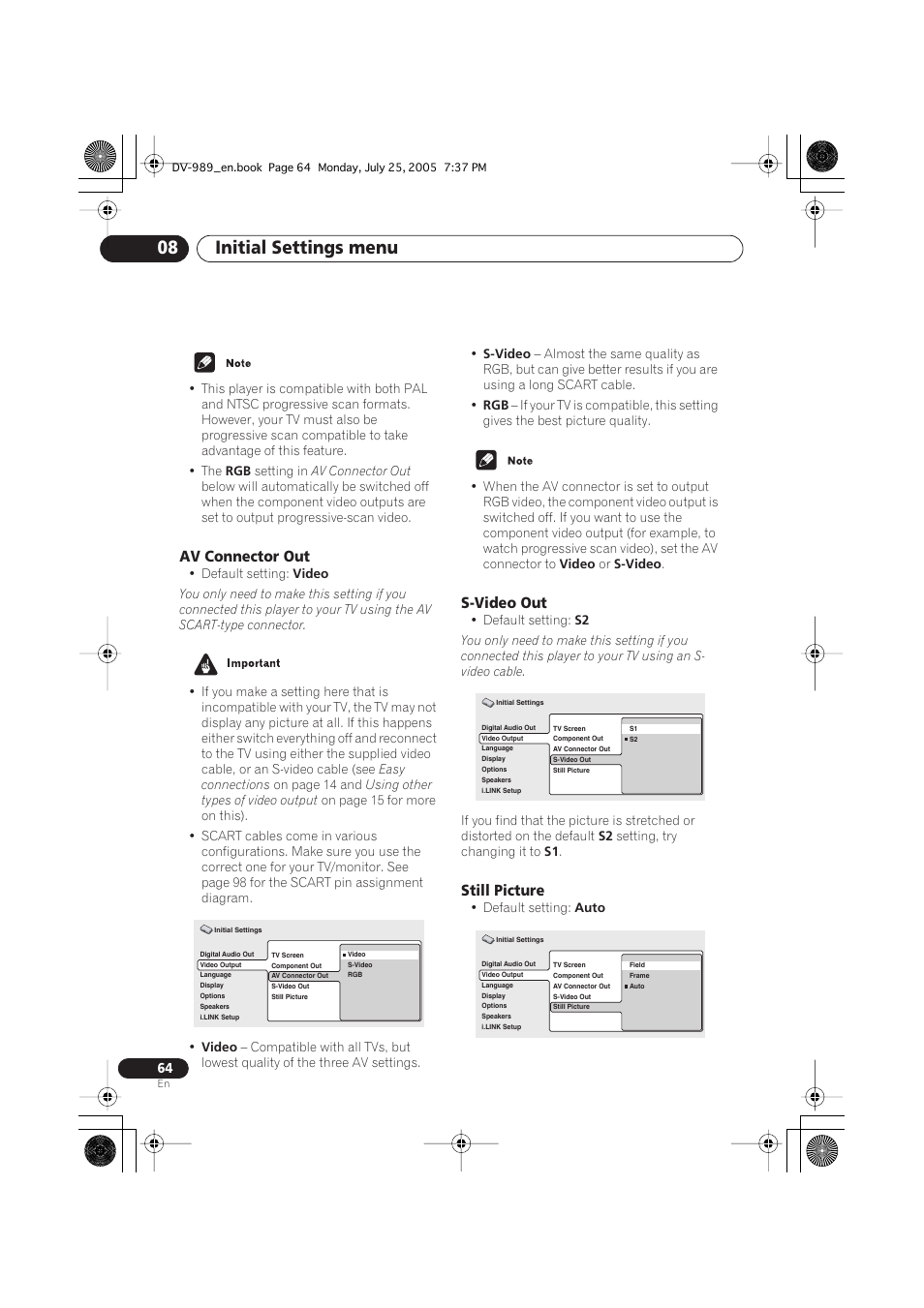 Av connector out, S-video out, Still picture | Initial settings menu 08 | Pioneer DV-989AVi-S User Manual | Page 64 / 202