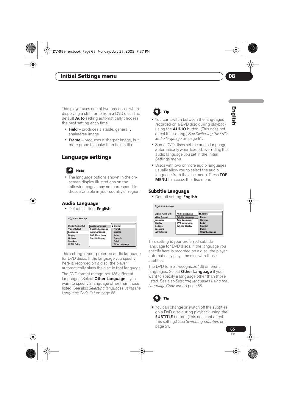 Language settings, Audio language, Subtitle language | Initial settings menu 08 | Pioneer DV-989AVi-S User Manual | Page 65 / 202
