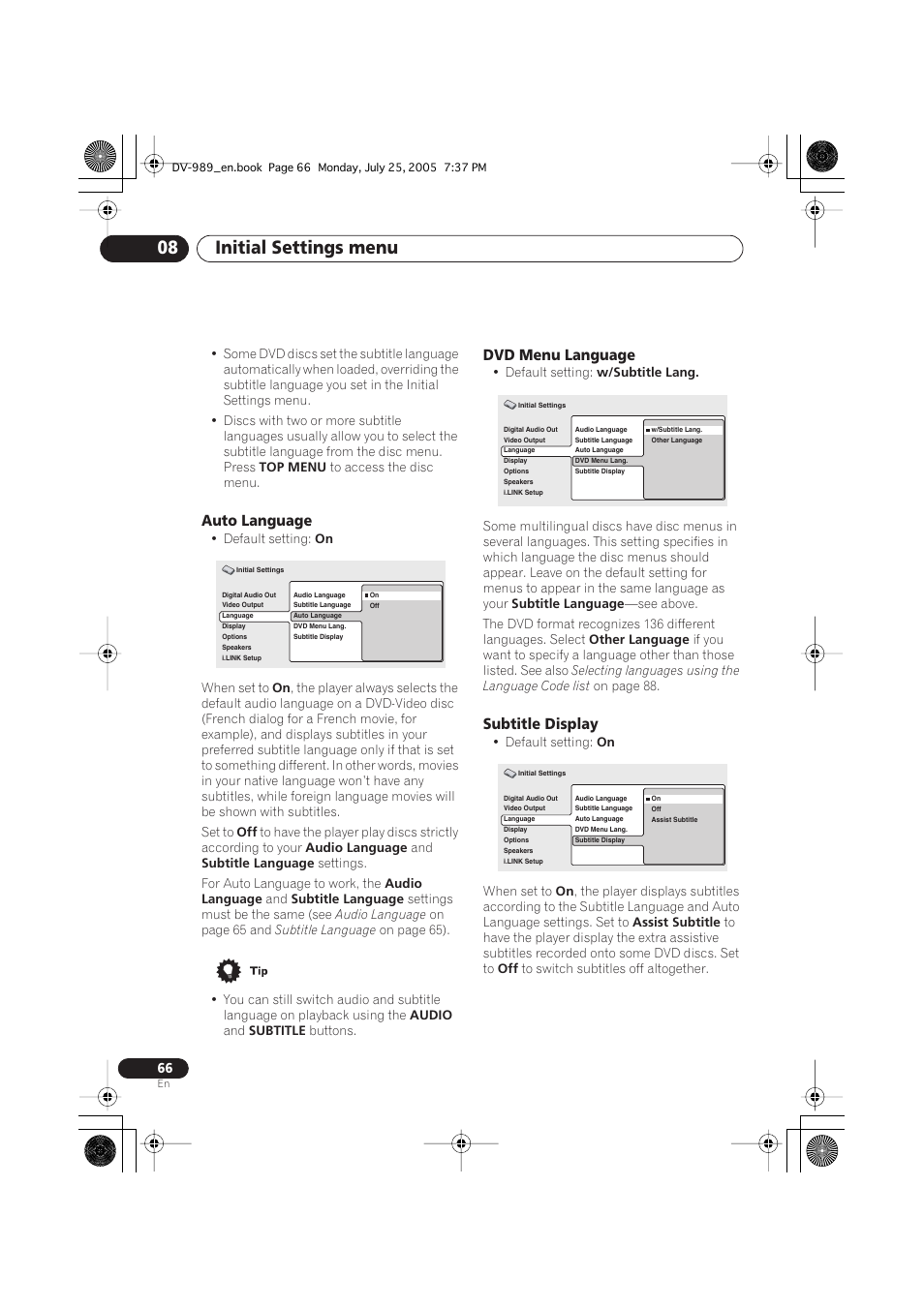 Auto language, Dvd menu language, Subtitle display | Initial settings menu 08 | Pioneer DV-989AVi-S User Manual | Page 66 / 202