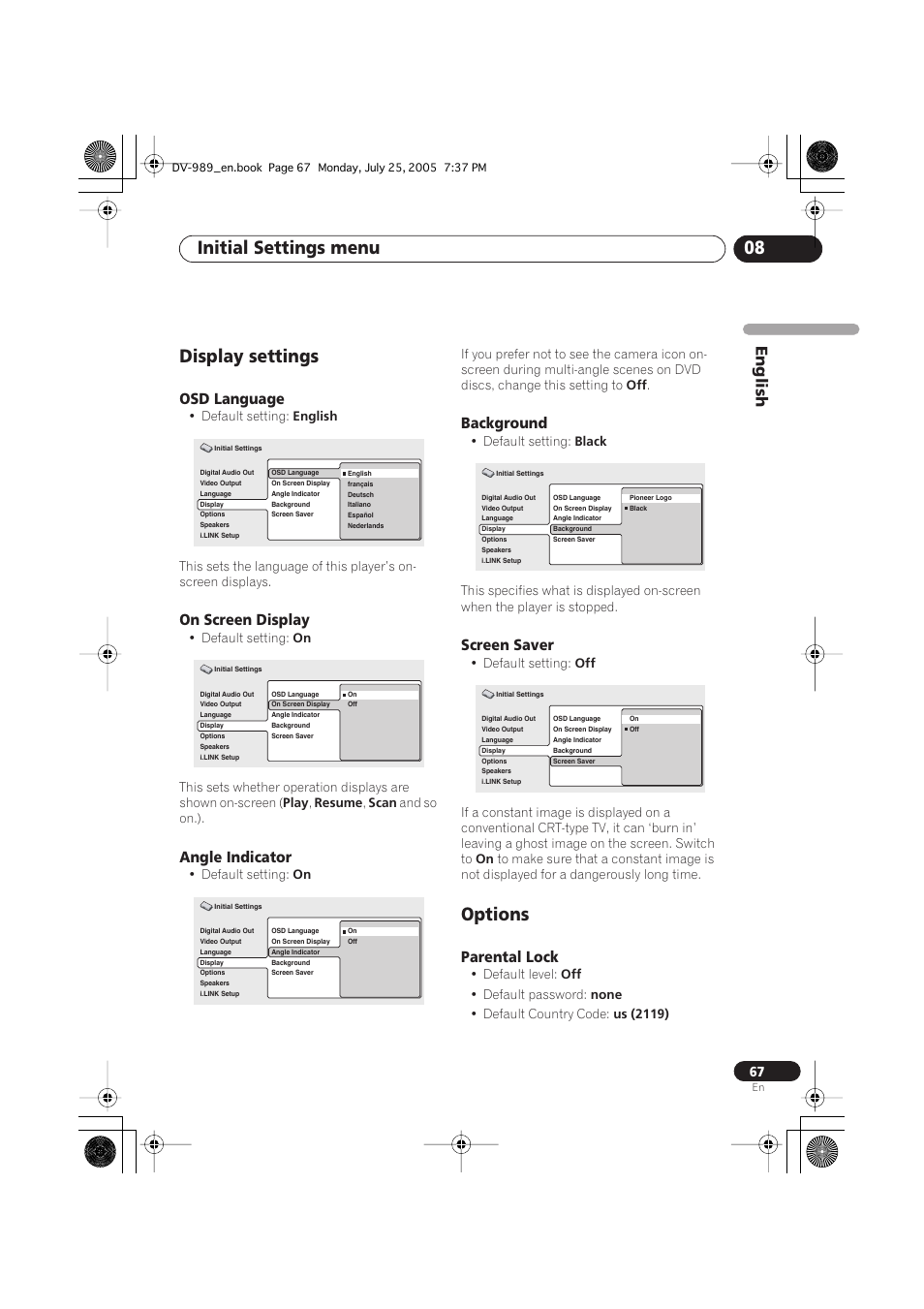 Display settings, Osd language, On screen display | Angle indicator, Background, Screen saver, Options, Parental lock, Initial settings menu 08, English | Pioneer DV-989AVi-S User Manual | Page 67 / 202