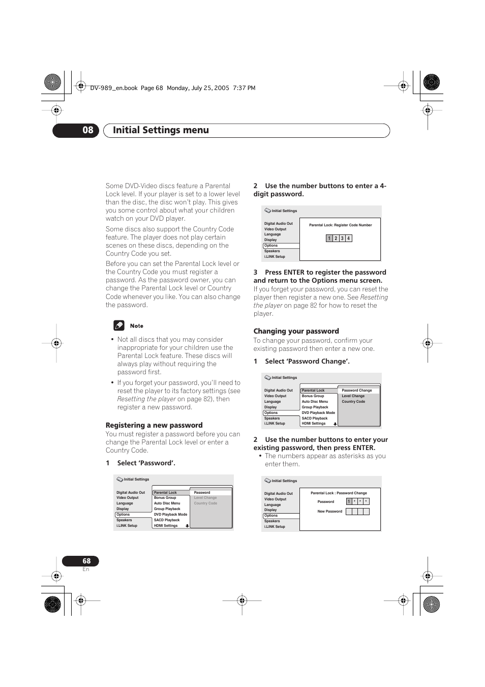 Initial settings menu 08, Registering a new password, Changing your password | Pioneer DV-989AVi-S User Manual | Page 68 / 202