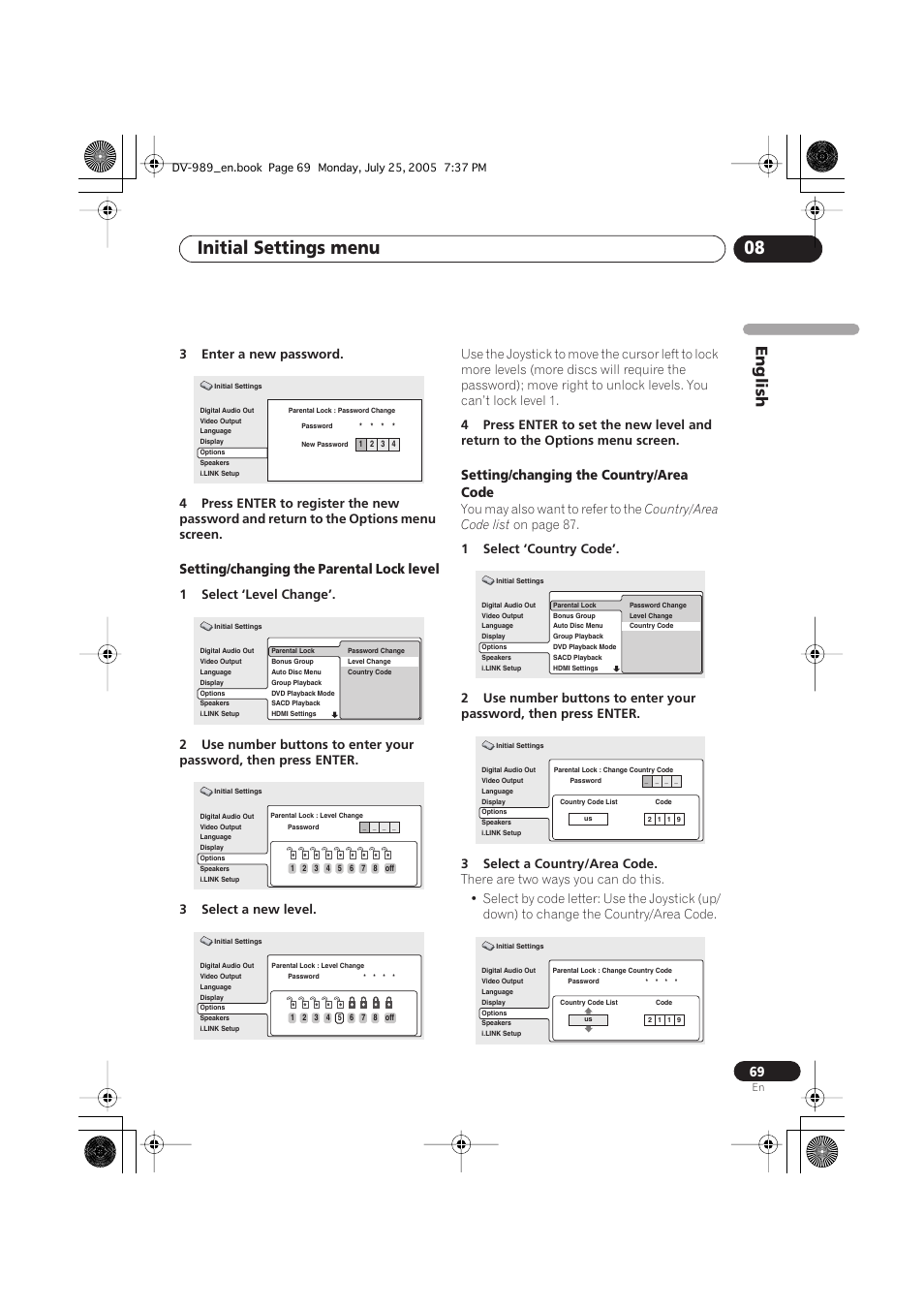 Initial settings menu 08, English, Setting/changing the parental lock level | Setting/changing the country/area code, You may also want to refer to the, Country/area code list, On page 87 | Pioneer DV-989AVi-S User Manual | Page 69 / 202