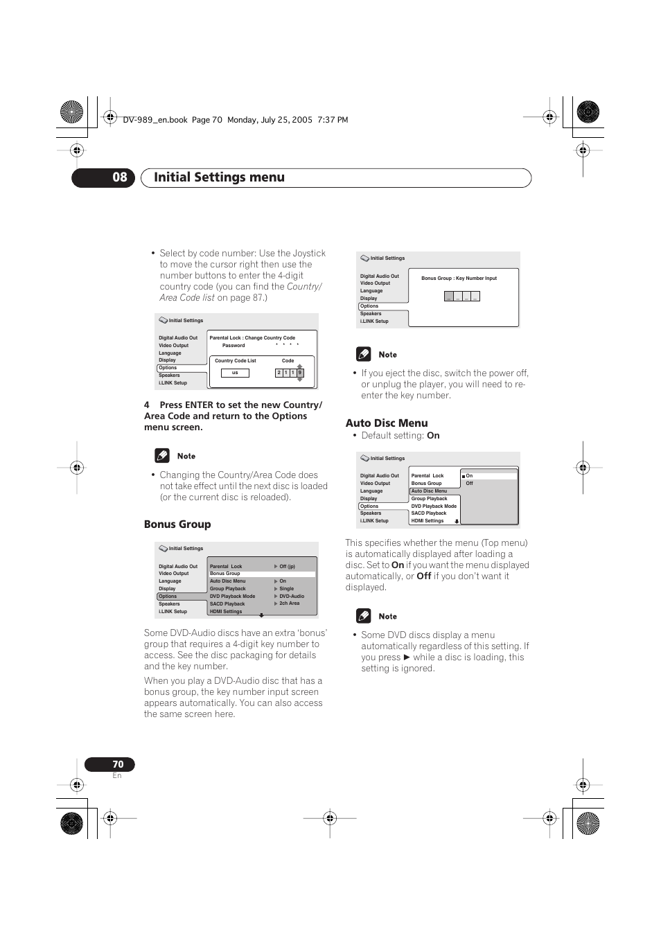 Bonus group, Auto disc menu, Initial settings menu 08 | Pioneer DV-989AVi-S User Manual | Page 70 / 202