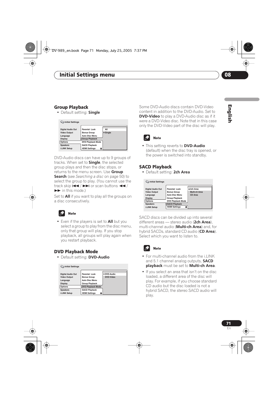 Group playback, Dvd playback mode, Sacd playback | Initial settings menu 08, English | Pioneer DV-989AVi-S User Manual | Page 71 / 202