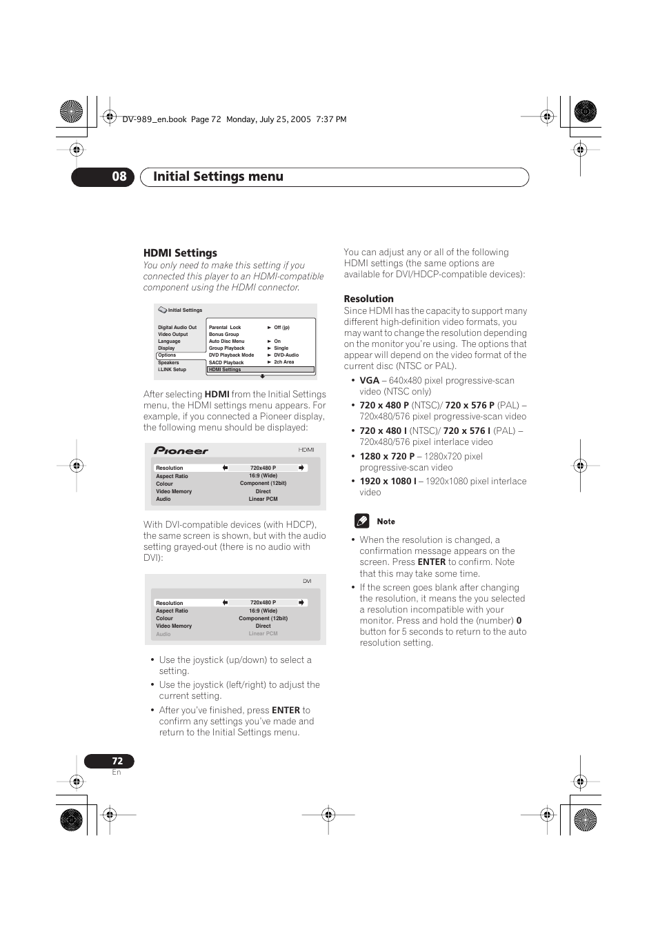 Hdmi settings, Initial settings menu 08 | Pioneer DV-989AVi-S User Manual | Page 72 / 202