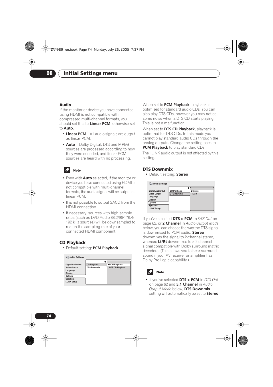 Cd playback, Dts downmix, Initial settings menu 08 | Pioneer DV-989AVi-S User Manual | Page 74 / 202