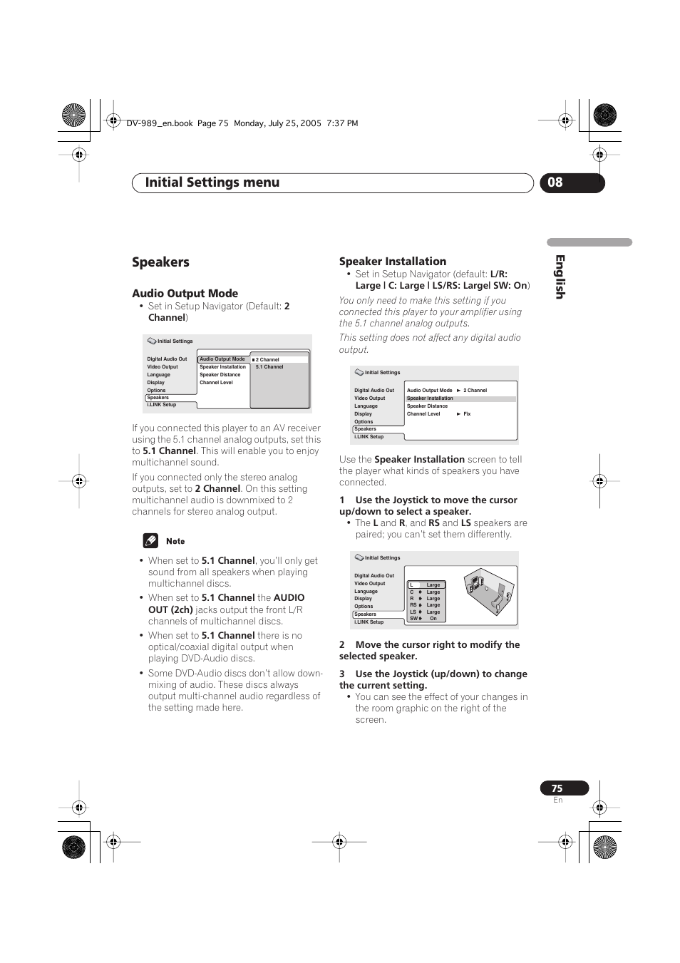 Speakers, Audio output mode, Speaker installation | Initial settings menu 08, English | Pioneer DV-989AVi-S User Manual | Page 75 / 202