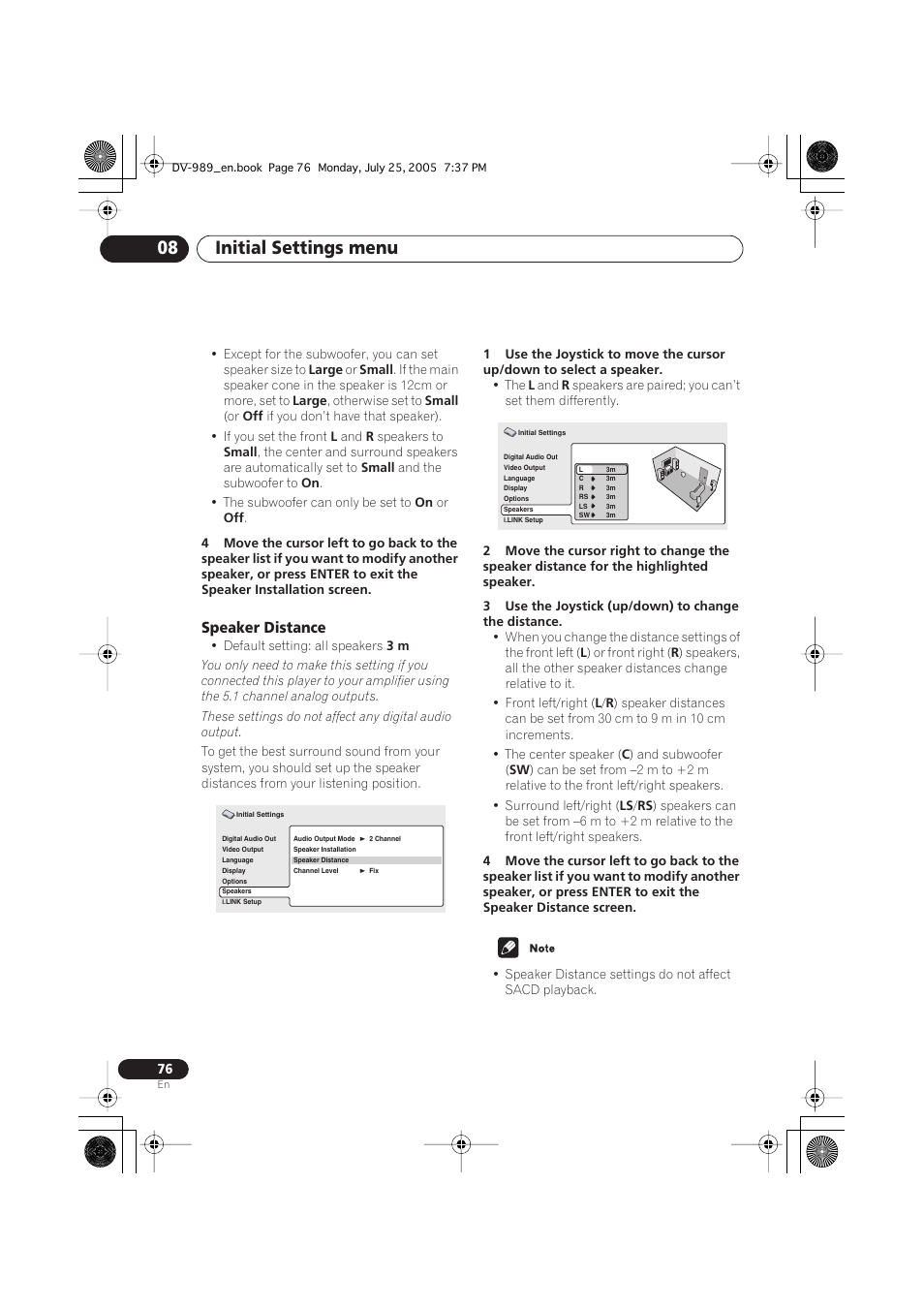 Speaker distance, Initial settings menu 08 | Pioneer DV-989AVi-S User Manual | Page 76 / 202