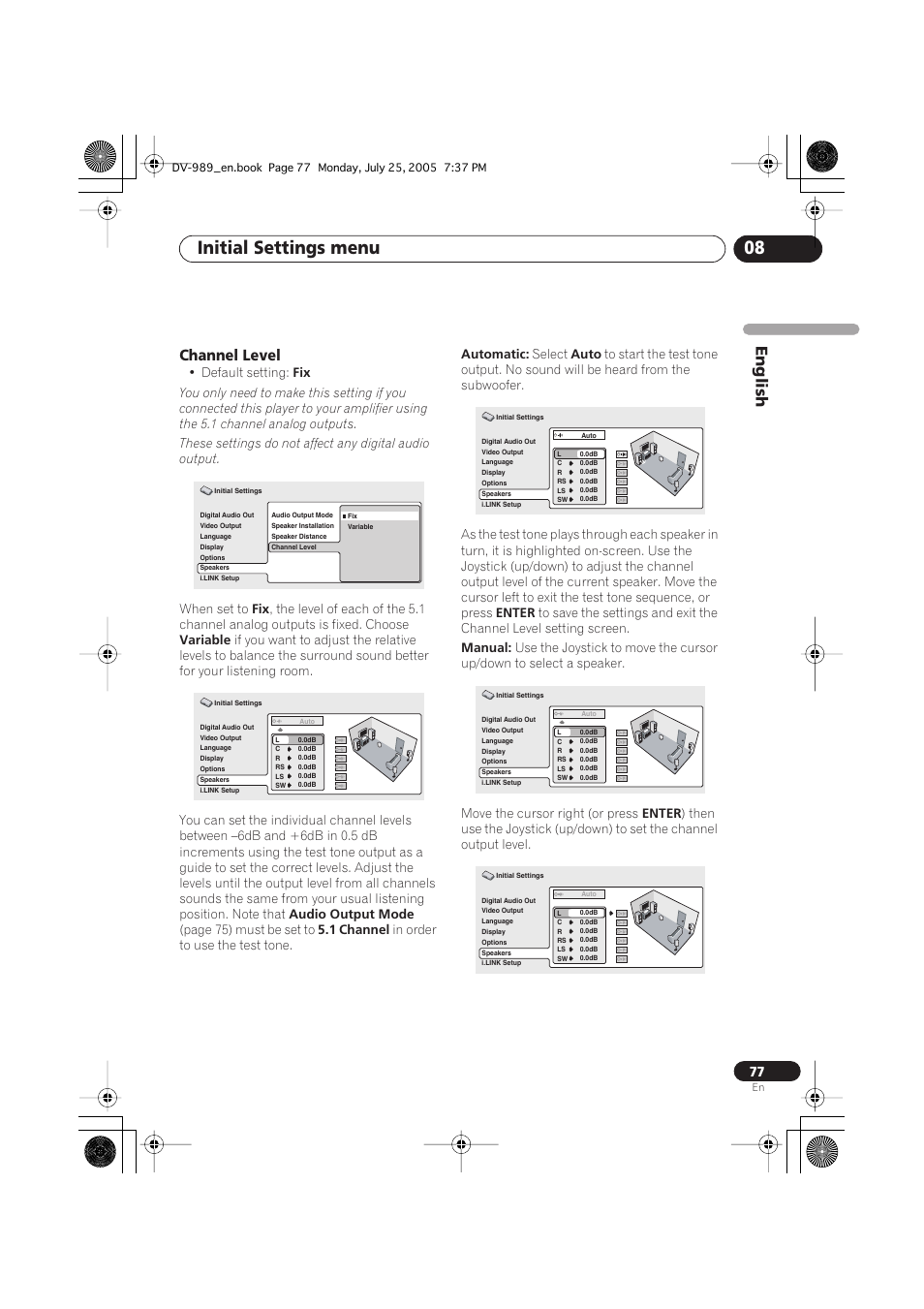 Channel level, Initial settings menu 08, English | Pioneer DV-989AVi-S User Manual | Page 77 / 202