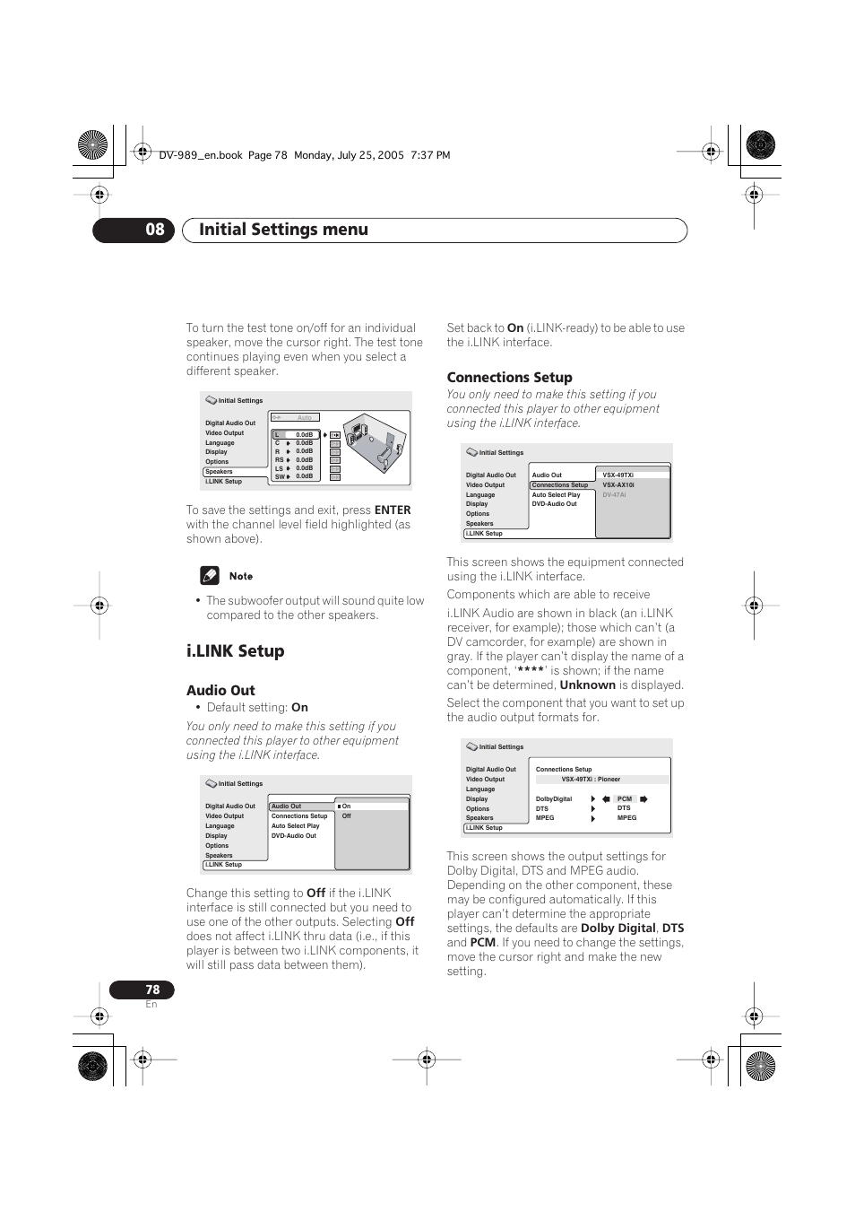I.link setup, Audio out, Connections setup | Initial settings menu 08 | Pioneer DV-989AVi-S User Manual | Page 78 / 202