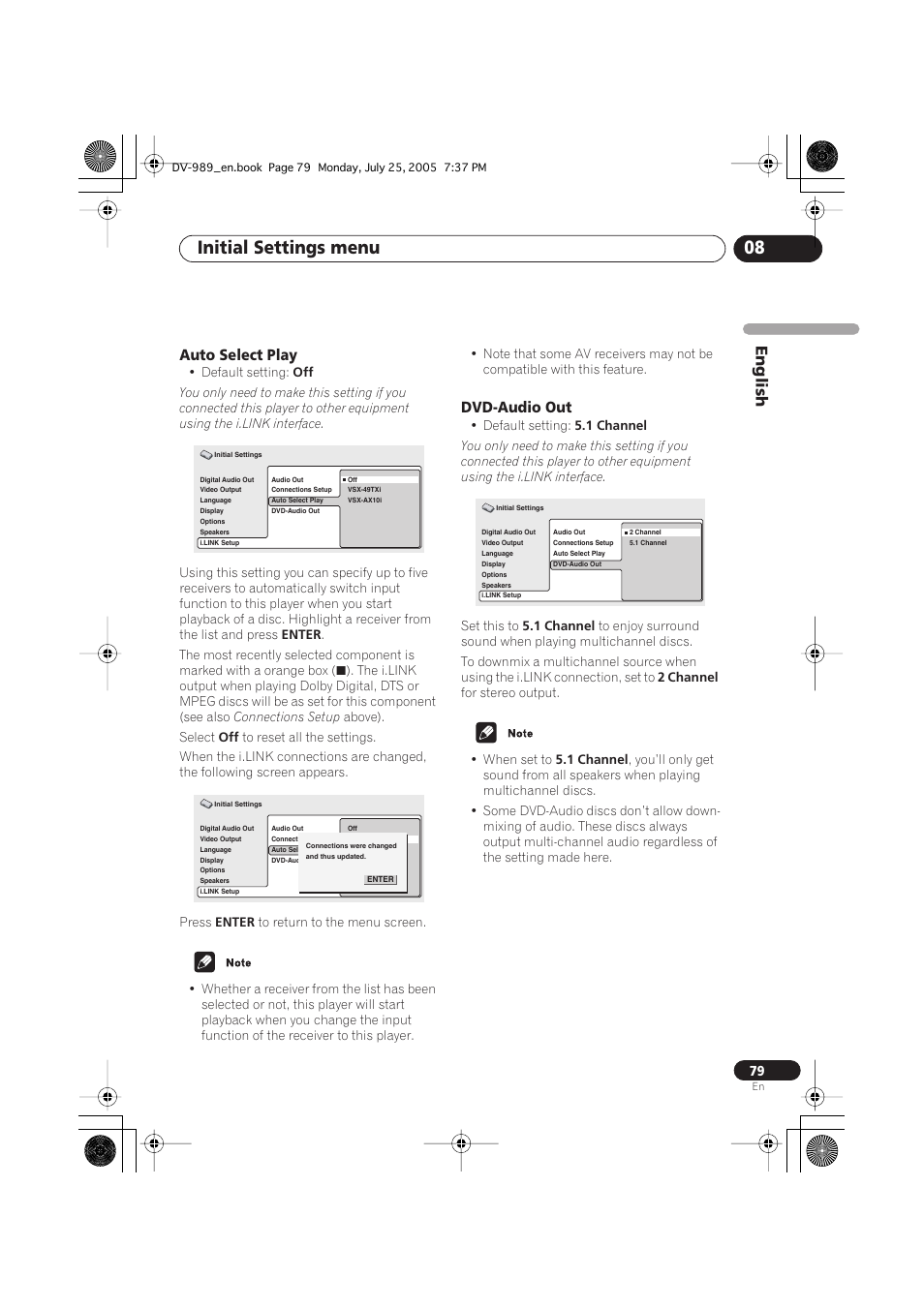 Auto select play, Dvd-audio out, Initial settings menu 08 | English | Pioneer DV-989AVi-S User Manual | Page 79 / 202