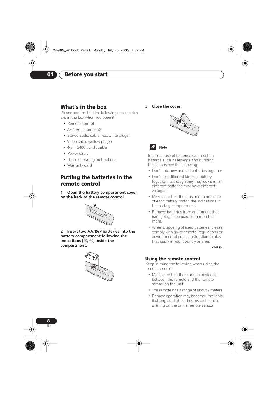 Before you start 01, What’s in the box, Putting the batteries in the remote control | Pioneer DV-989AVi-S User Manual | Page 8 / 202