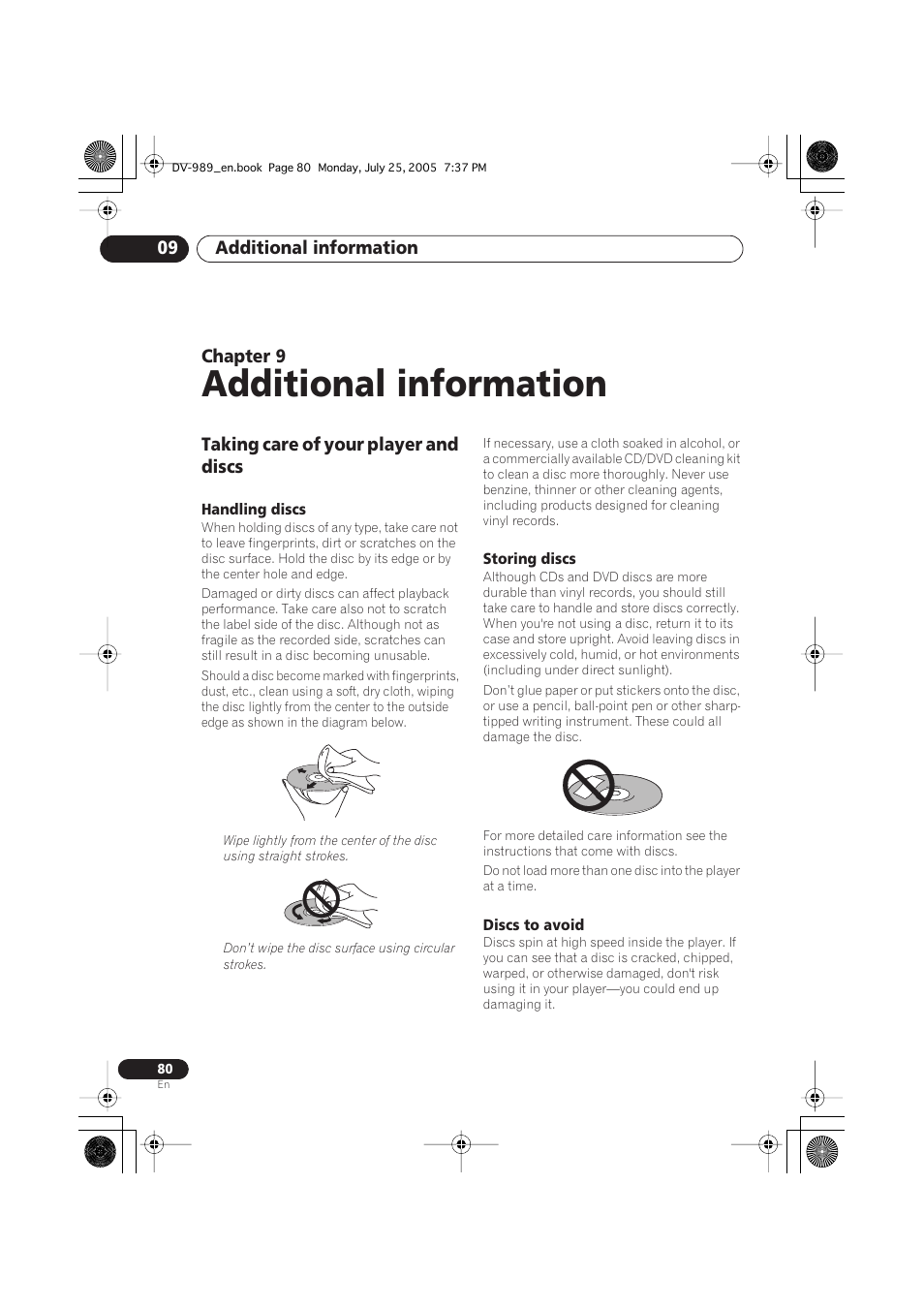 09 additional information, Taking care of your player and discs, Handling discs | Storing discs, Discs to avoid, Additional information, Additional information 09, Chapter 9 | Pioneer DV-989AVi-S User Manual | Page 80 / 202