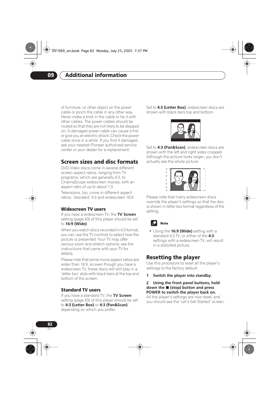 Screen sizes and disc formats, Widescreen tv users, Standard tv users | Resetting the player, Additional information 09 | Pioneer DV-989AVi-S User Manual | Page 82 / 202