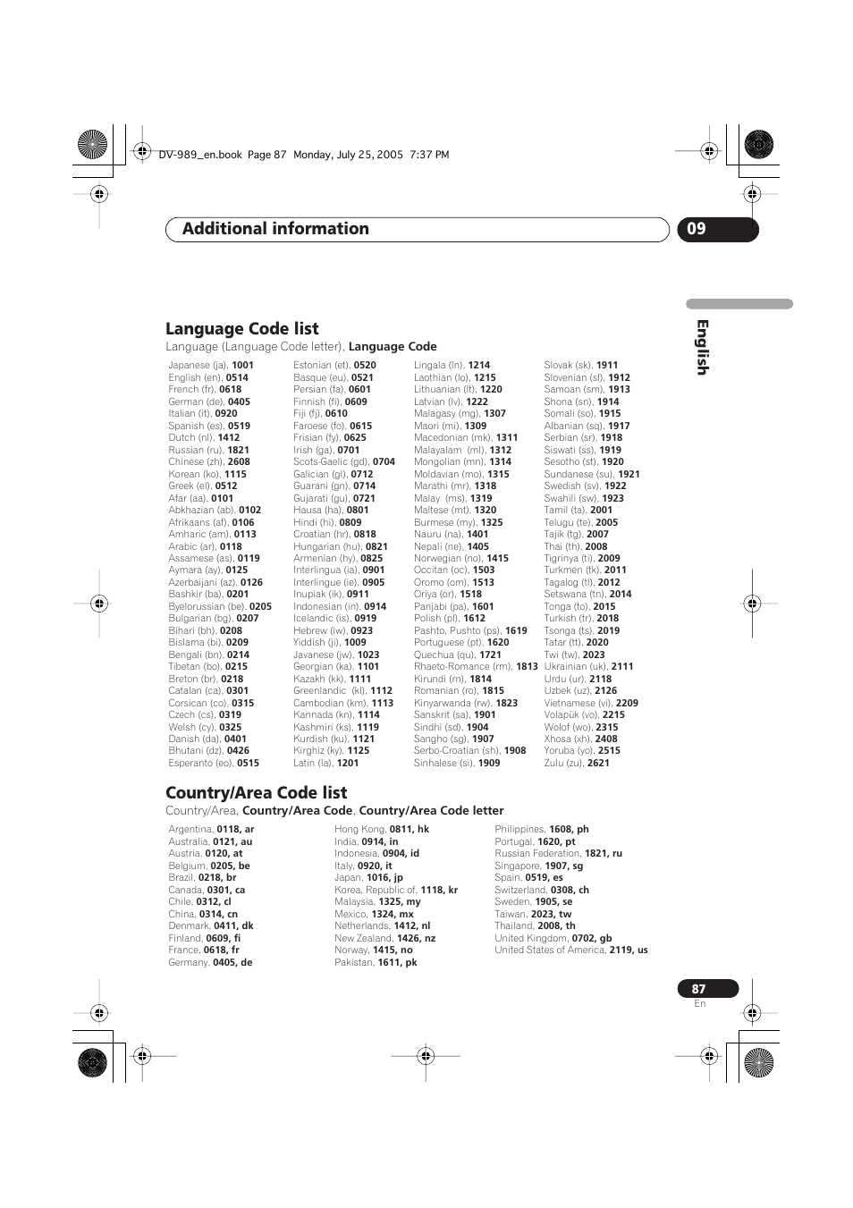 Language code list, Country/area code list, Additional information 09 | English | Pioneer DV-989AVi-S User Manual | Page 87 / 202