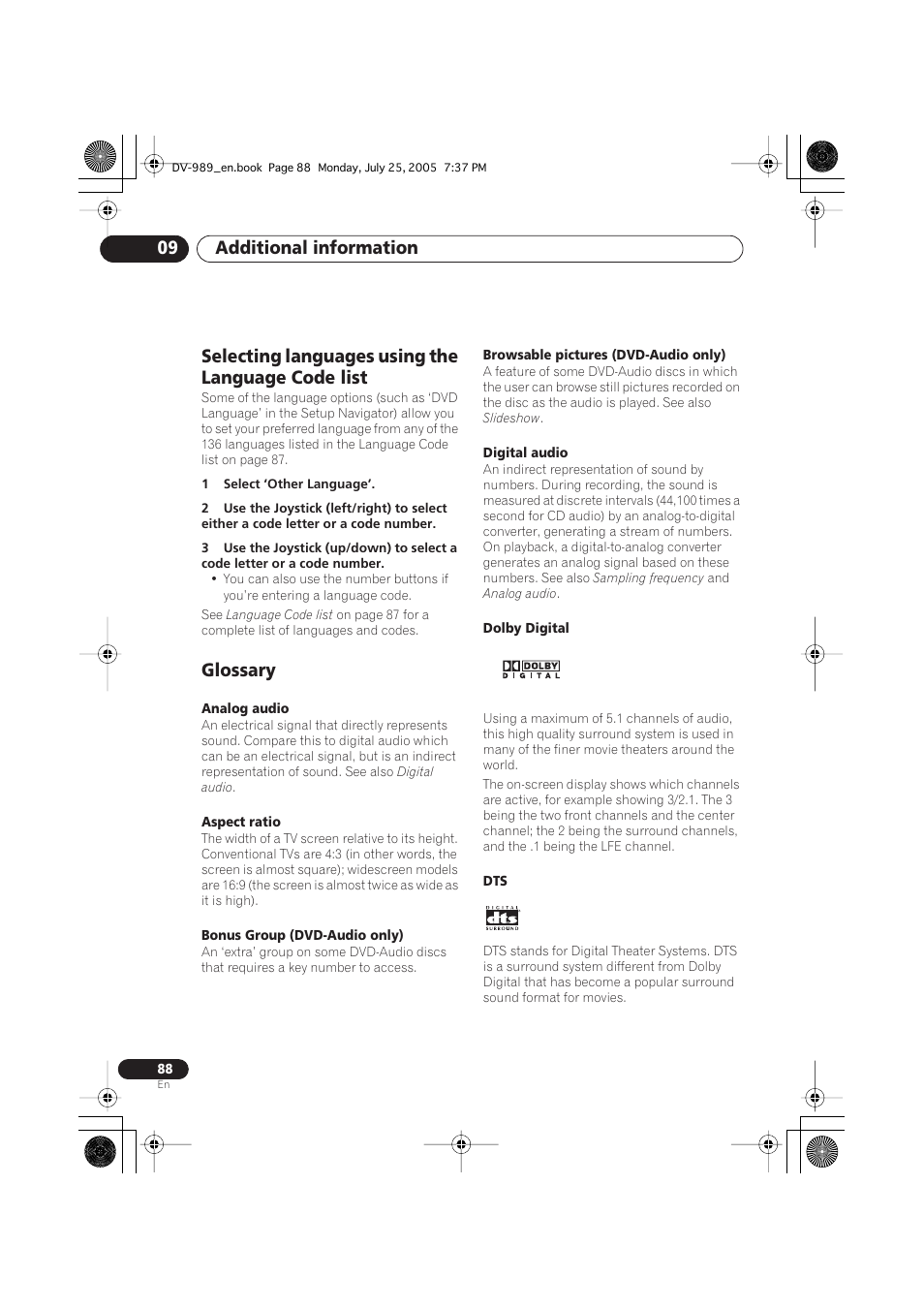 Selecting languages using the language code list, Glossary, Additional information 09 | Pioneer DV-989AVi-S User Manual | Page 88 / 202