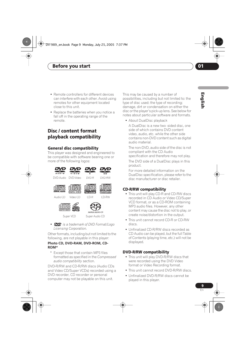 Before you start 01, Disc / content format playback compatibility | Pioneer DV-989AVi-S User Manual | Page 9 / 202