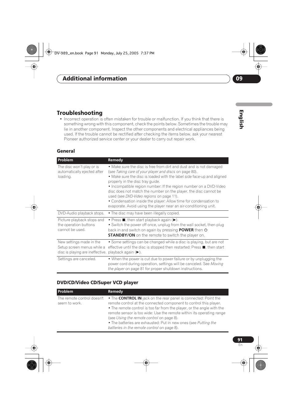 Troubleshooting, General, Dvd/cd/video cd/super vcd player | Additional information 09 | Pioneer DV-989AVi-S User Manual | Page 91 / 202