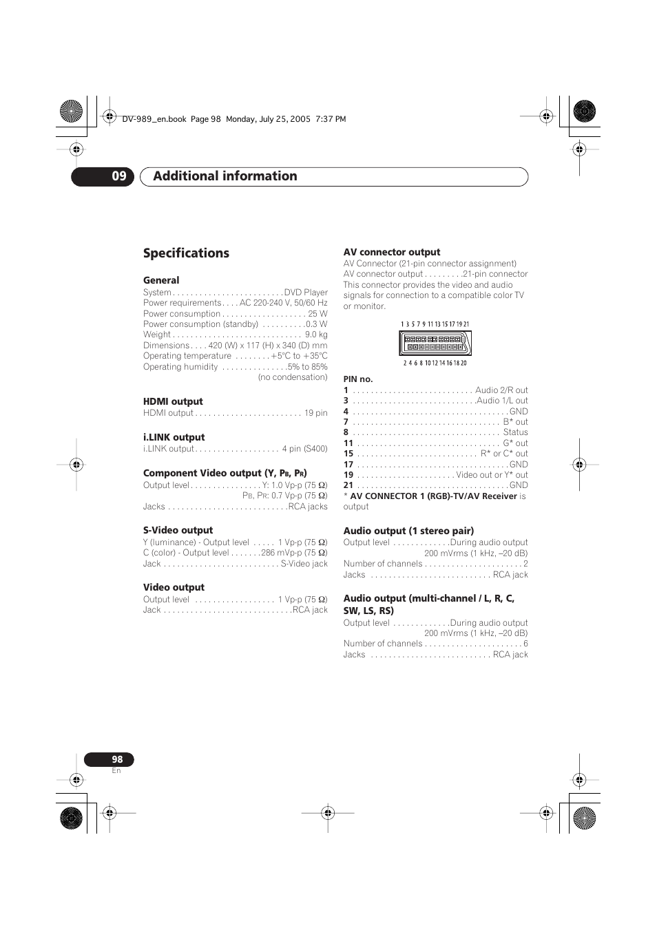 Specifications, Additional information 09 | Pioneer DV-989AVi-S User Manual | Page 98 / 202