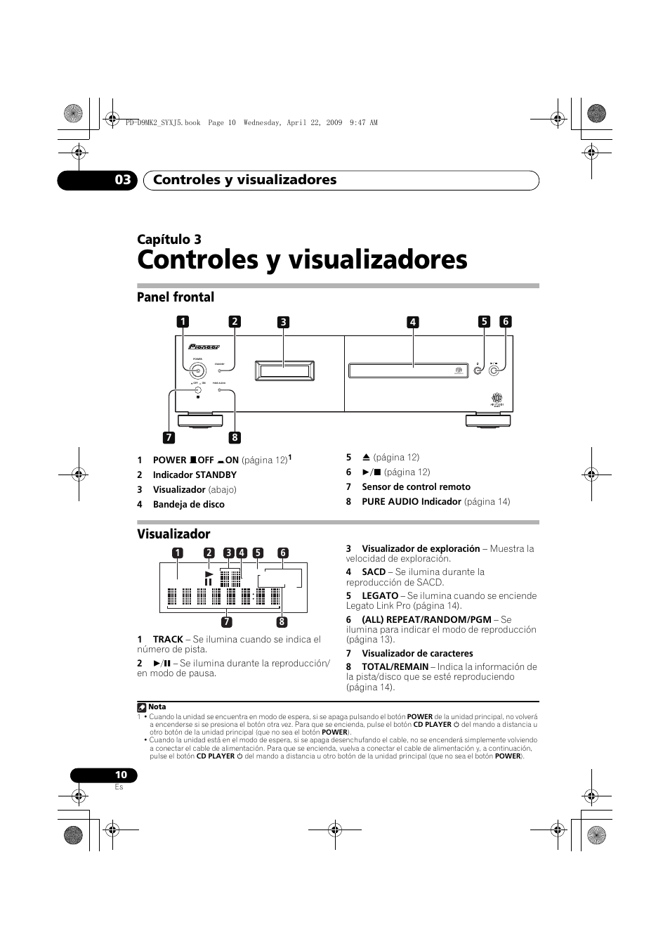 Panel frontal, Visualizador, Controles y visualizadores | Controles y visualizadores 03, Capítulo 3 | Pioneer PD-D9MK2-K User Manual | Page 100 / 128