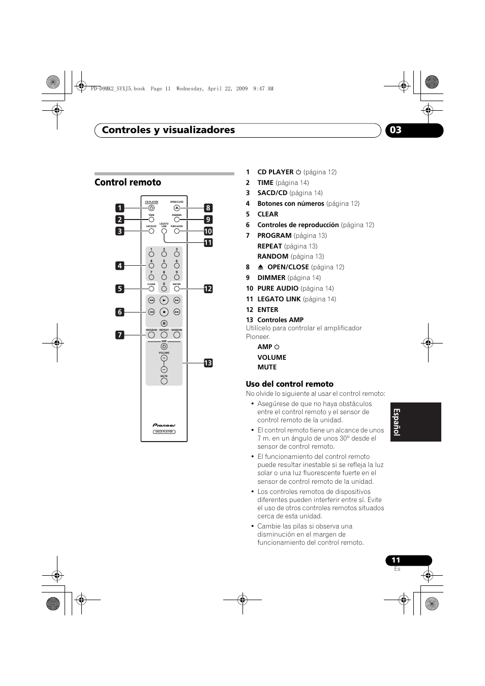 Control remoto, Controles y visualizadores 03, Uso del control remoto | Pioneer PD-D9MK2-K User Manual | Page 101 / 128