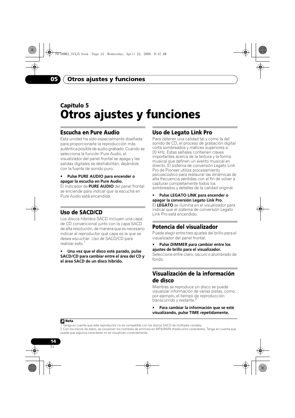 Escucha en pure audio, Uso de sacd/cd, Uso de legato link pro | Potencia del visualizador, Visualización de la información de disco, Otros ajustes y funciones, Otros ajustes y funciones 05, Capítulo 5 | Pioneer PD-D9MK2-K User Manual | Page 104 / 128