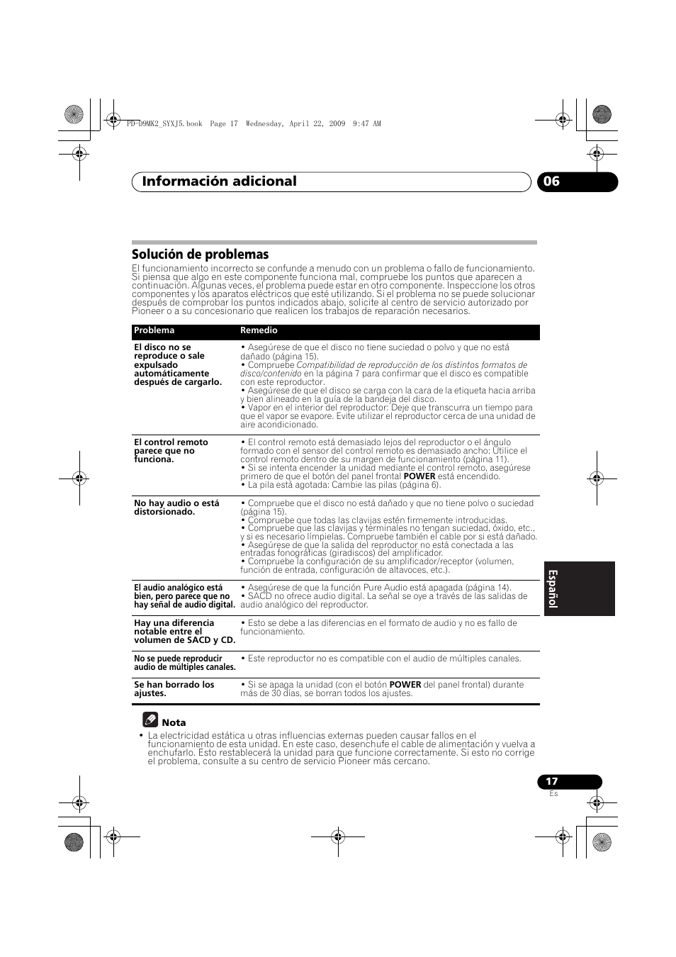 Solución de problemas, Información adicional 06 | Pioneer PD-D9MK2-K User Manual | Page 107 / 128