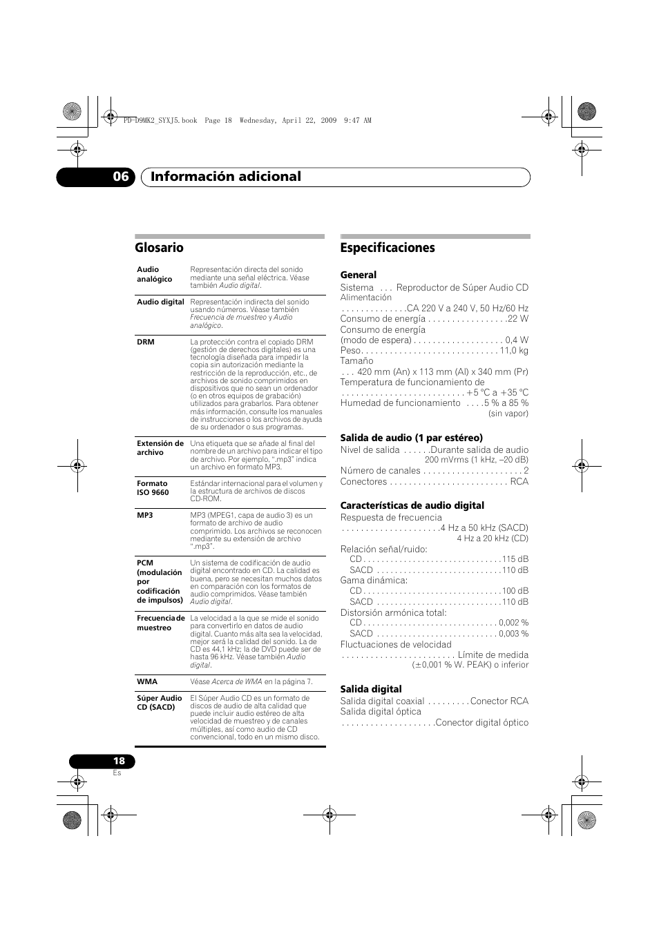 Glosario, Especificaciones, Información adicional 06 | Glosario especificaciones | Pioneer PD-D9MK2-K User Manual | Page 108 / 128
