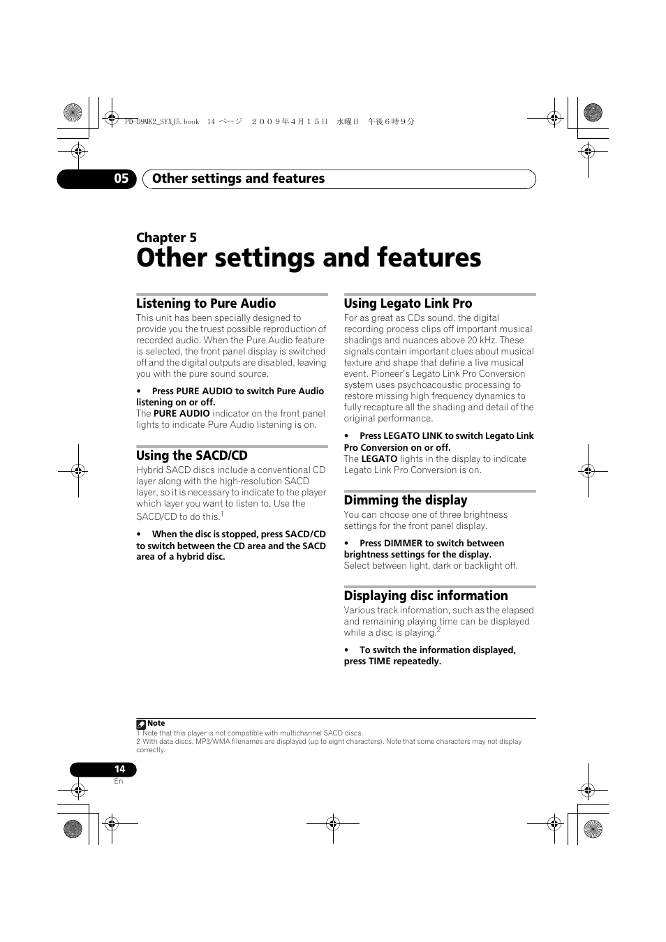 Listening to pure audio, Using the sacd/cd, Using legato link pro | Dimming the display, Displaying disc information, Other settings and features, Other settings and features 05, Chapter 5 | Pioneer PD-D9MK2-K User Manual | Page 14 / 128