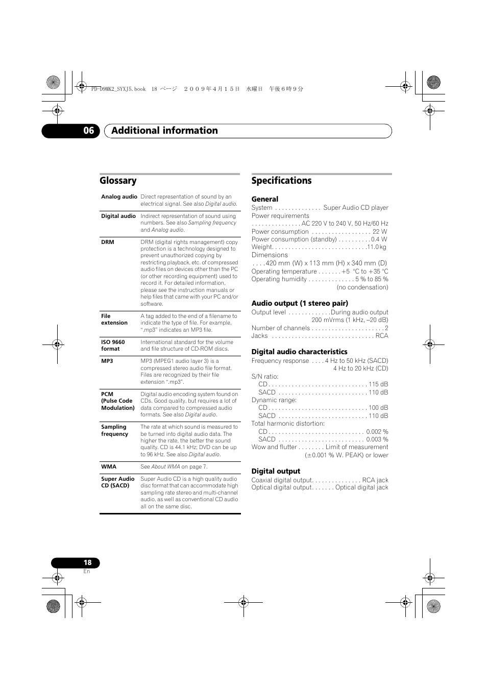 Glossary, Specifications, Additional information 06 | Glossary specifications | Pioneer PD-D9MK2-K User Manual | Page 18 / 128