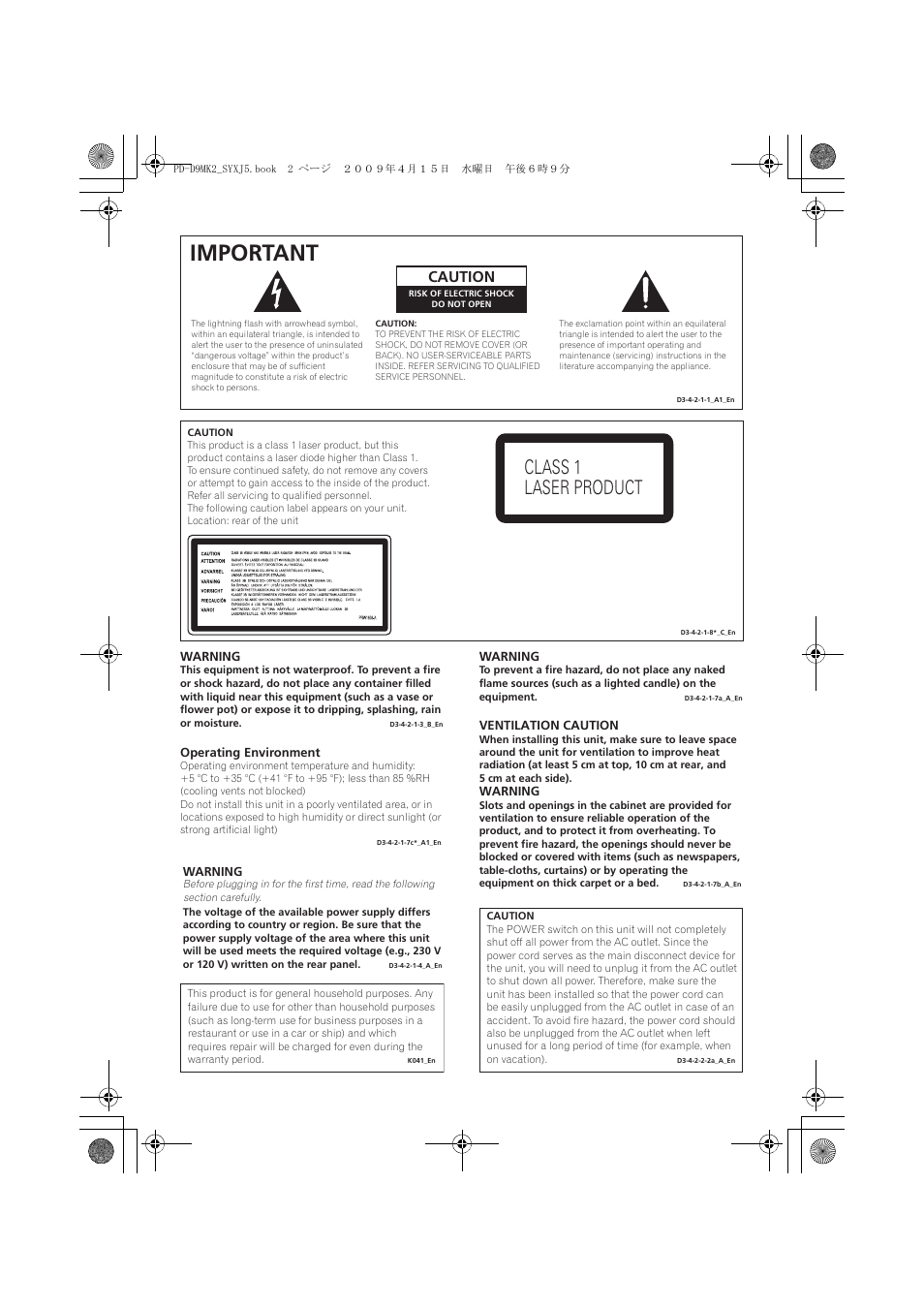 Important, Class 1 laser product, Caution | Pioneer PD-D9MK2-K User Manual | Page 2 / 128