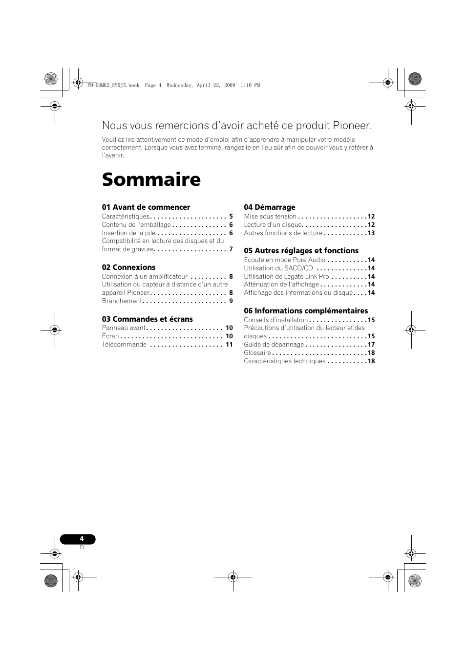 Lecteur super audio cd, Sommaire | Pioneer PD-D9MK2-K User Manual | Page 22 / 128