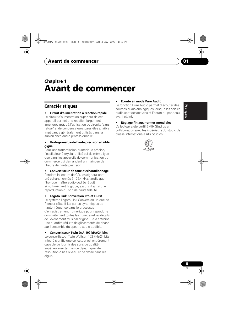 Caractéristiques, Avant de commencer, Avant de commencer 01 | Chapitre 1 | Pioneer PD-D9MK2-K User Manual | Page 23 / 128