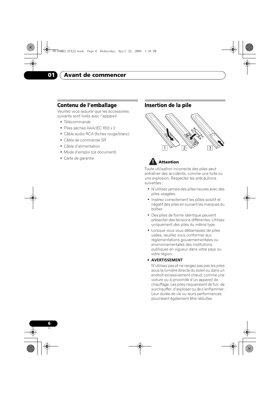 Contenu de l’emballage, Insertion de la pile, Avant de commencer 01 | Pioneer PD-D9MK2-K User Manual | Page 24 / 128