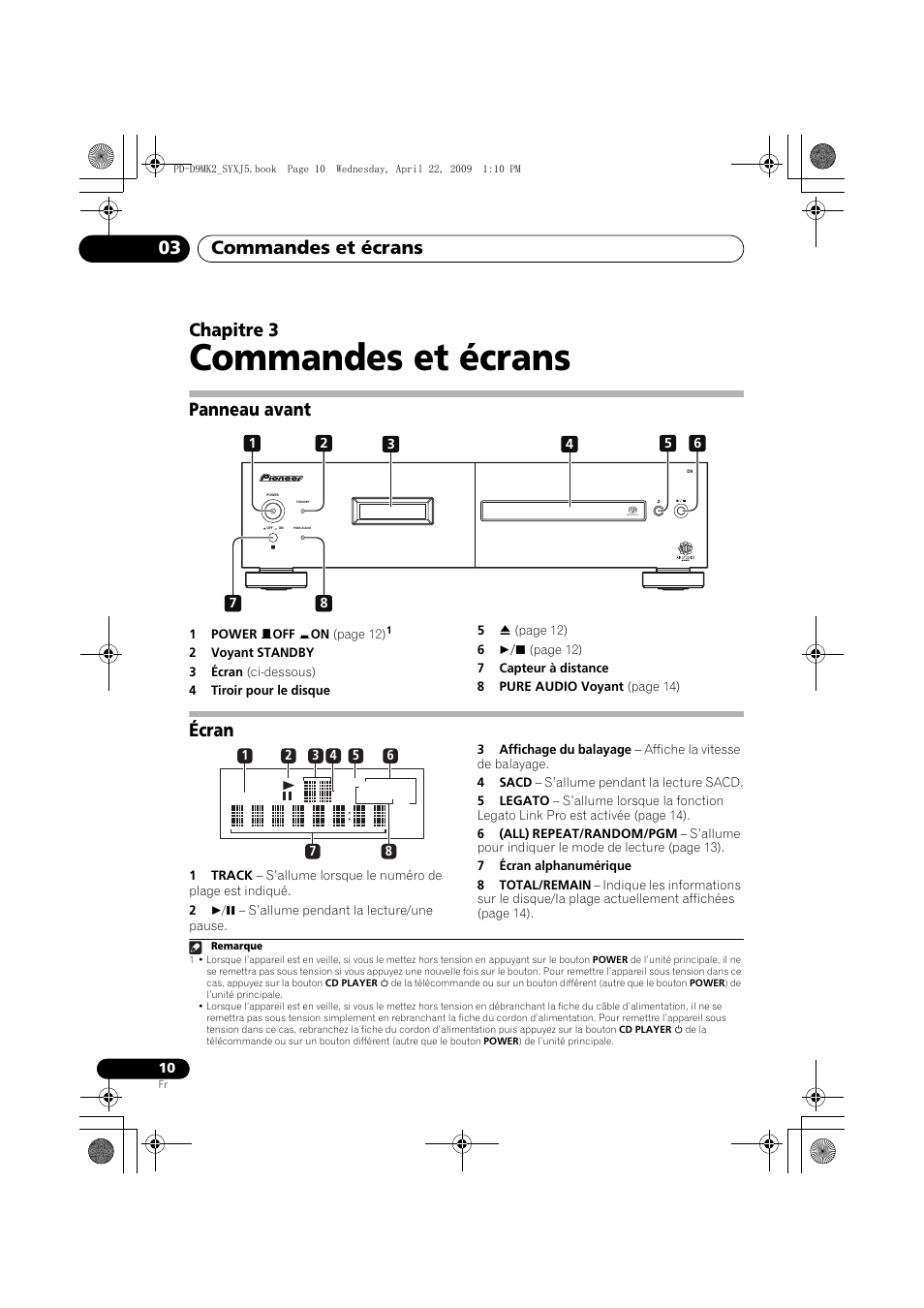 Panneau avant, Écran, Commandes et écrans | Commandes et écrans 03, Chapitre 3 | Pioneer PD-D9MK2-K User Manual | Page 28 / 128