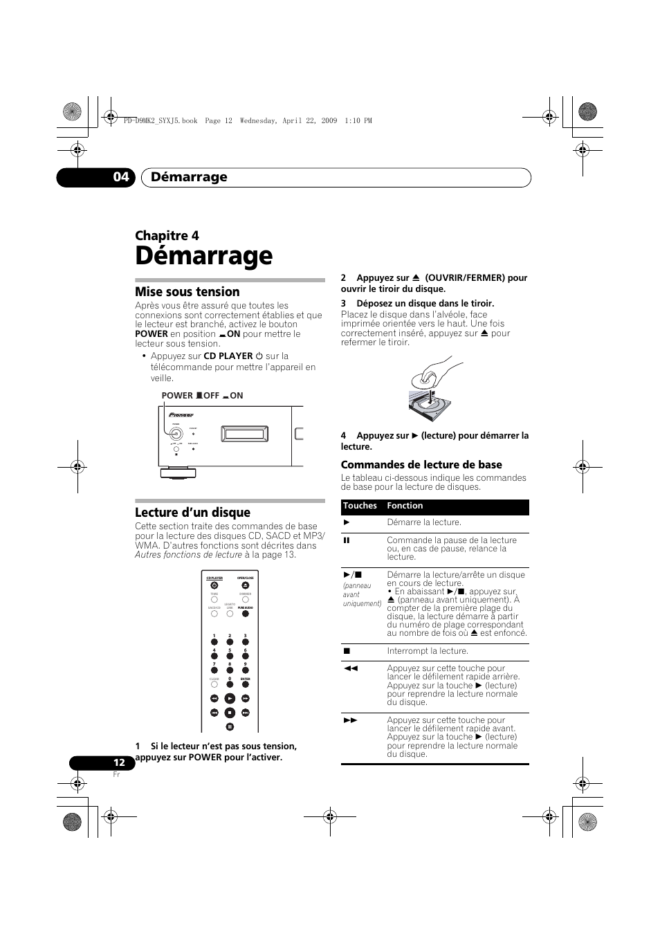 Mise sous tension, Lecture d’un disque, Démarrage | Démarrage 04, Chapitre 4, Commandes de lecture de base | Pioneer PD-D9MK2-K User Manual | Page 30 / 128
