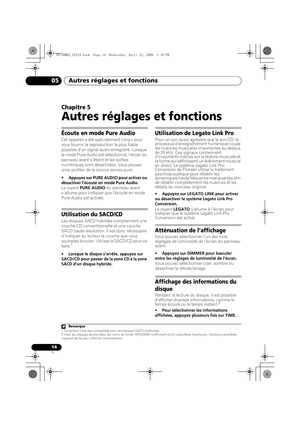 Écoute en mode pure audio, Utilisation du sacd/cd, Utilisation de legato link pro | Atténuation de l’affichage, Affichage des informations du disque, Autres réglages et fonctions, Autres réglages et fonctions 05, Chapitre 5 | Pioneer PD-D9MK2-K User Manual | Page 32 / 128