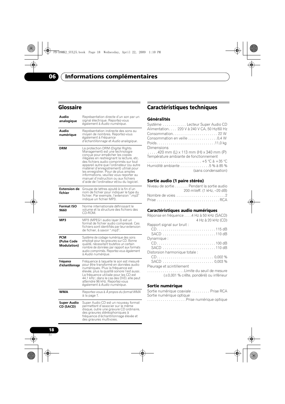 Glossaire, Caractéristiques techniques, Informations complémentaires 06 | Glossaire caractéristiques techniques | Pioneer PD-D9MK2-K User Manual | Page 36 / 128