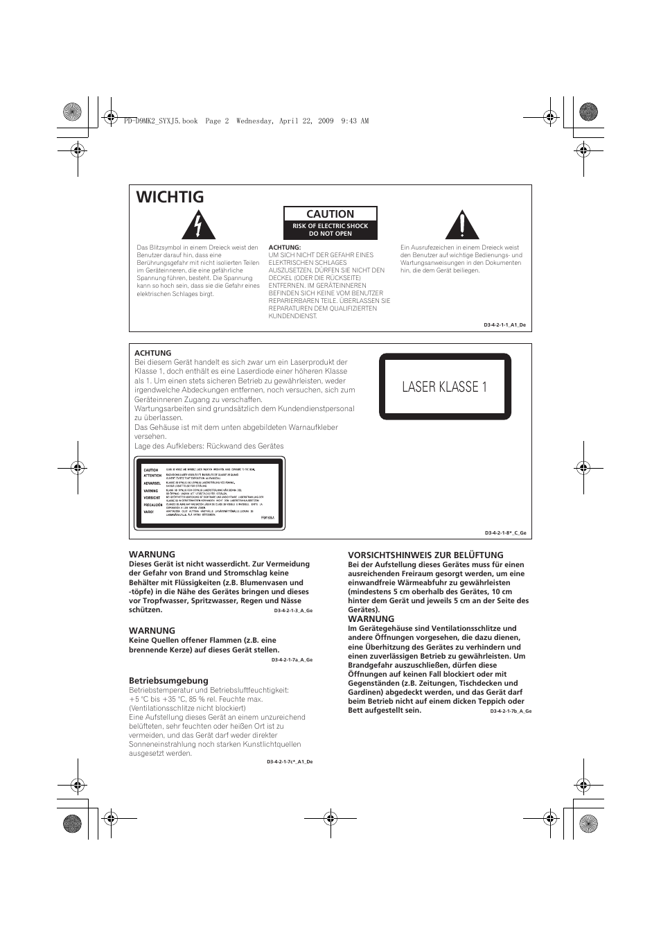 Wichtig, Laser klasse 1, Caution | Pioneer PD-D9MK2-K User Manual | Page 38 / 128